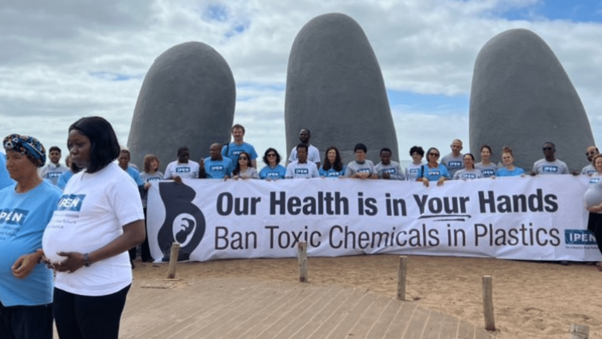IPEN members holding a banner saying "Our Health is in Your Hands" in front of a sculpture of fingers coming up from the sand