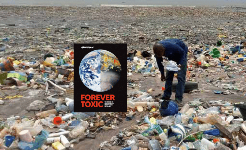 cover of Forever Toxic report over an image of a waste picker