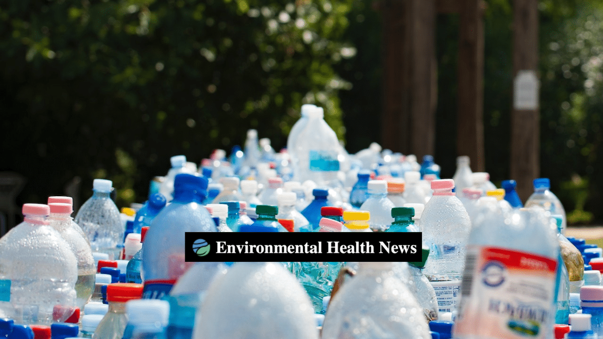 a pile of plastic bottles, EHN logo in foreground