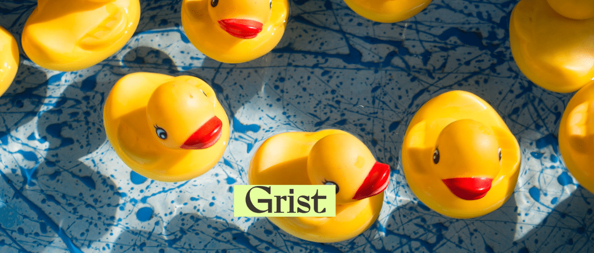 rubber ducks floating, Grist logo in foreground