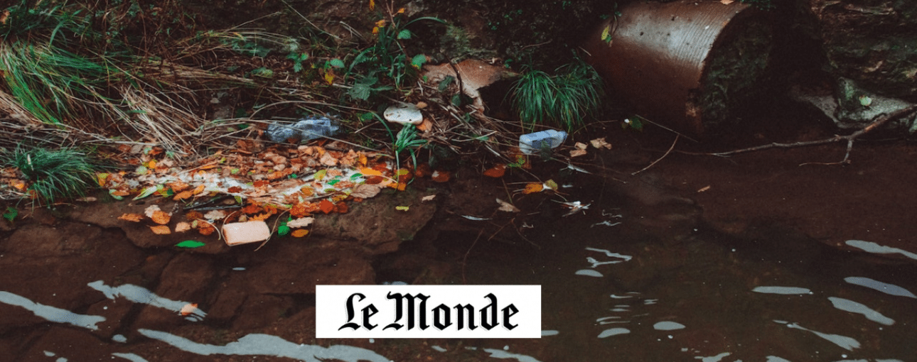 plastic pollution in murky water, LeMonde logo in foreground