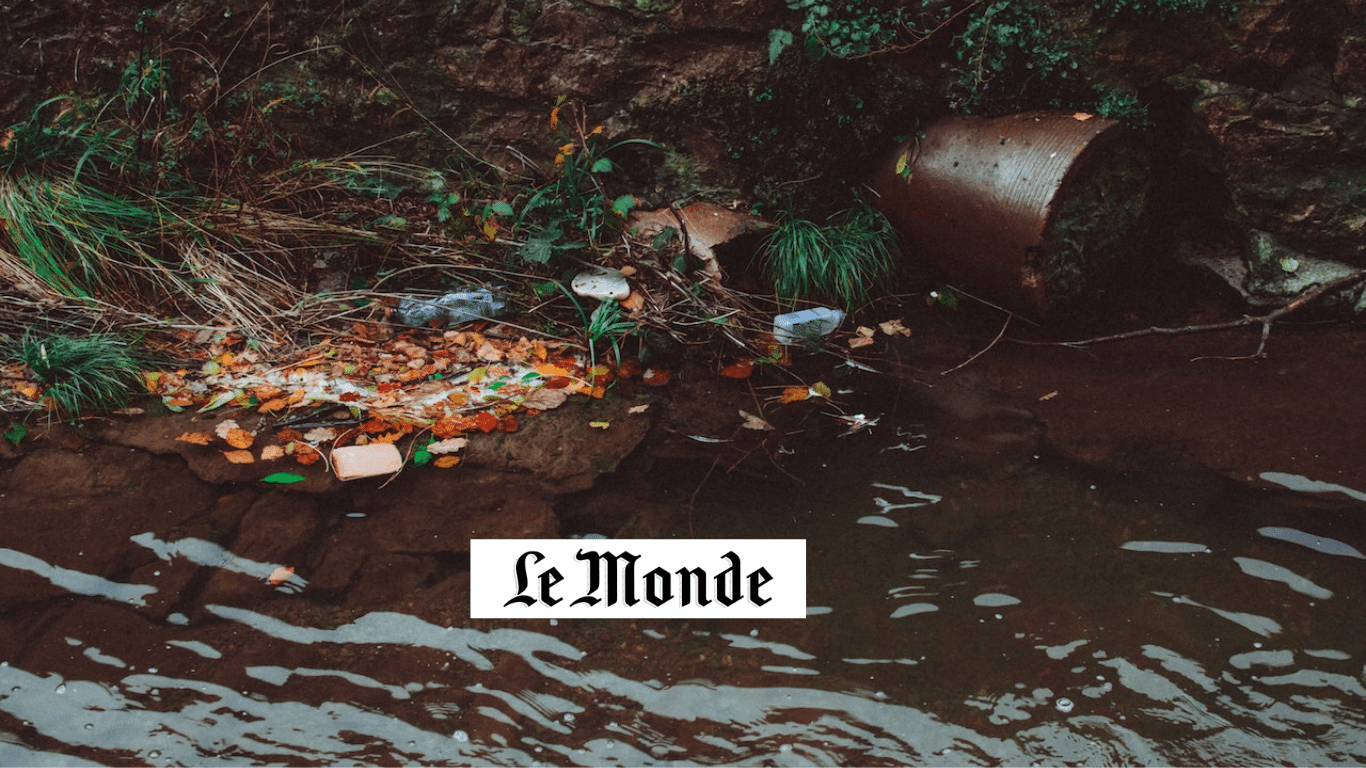 plastic pollution in murky water, LeMonde logo in foreground