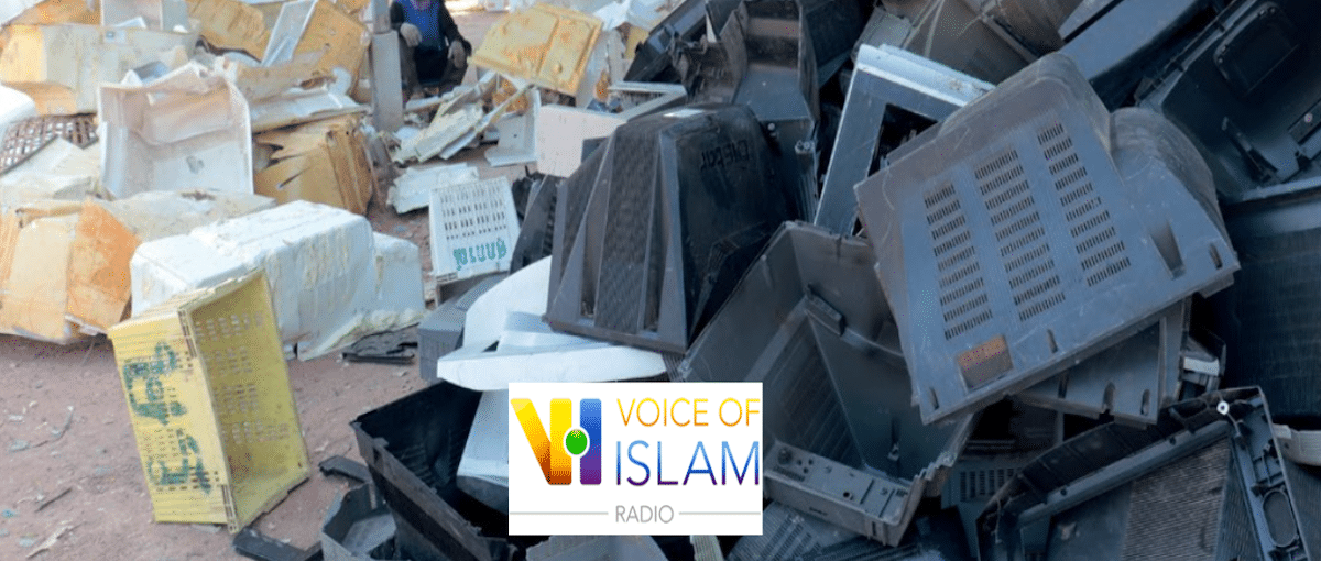 a pile of plastic e-waste, Voice of Islam logo in foreground