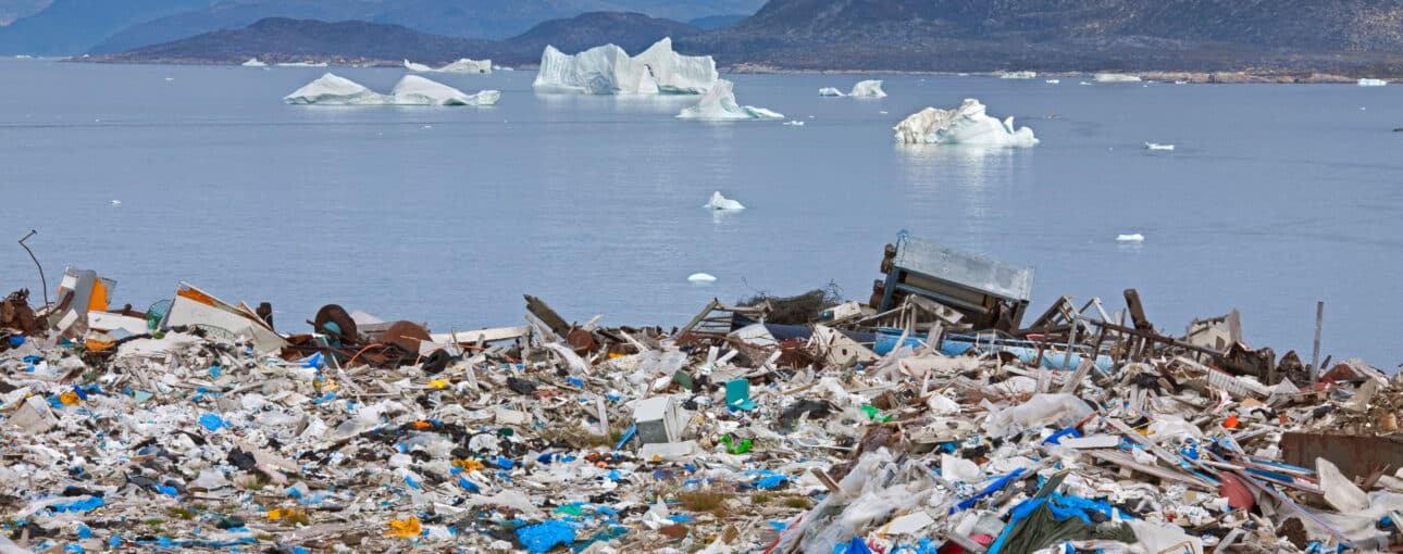 Trash and plastic waste with icebergs