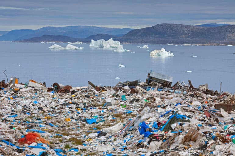 Trash and plastic waste with icebergs