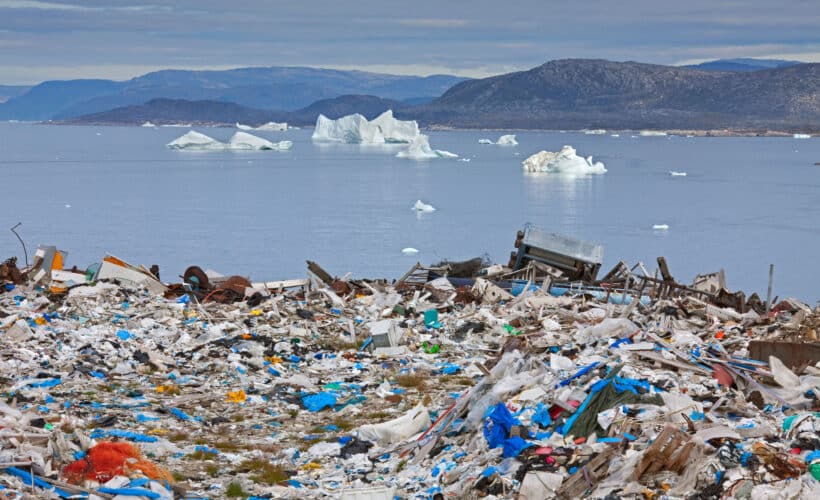 Trash and plastic waste with icebergs