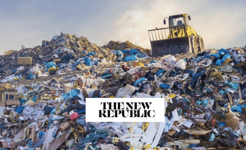 New Republic logo with background of plastics dump