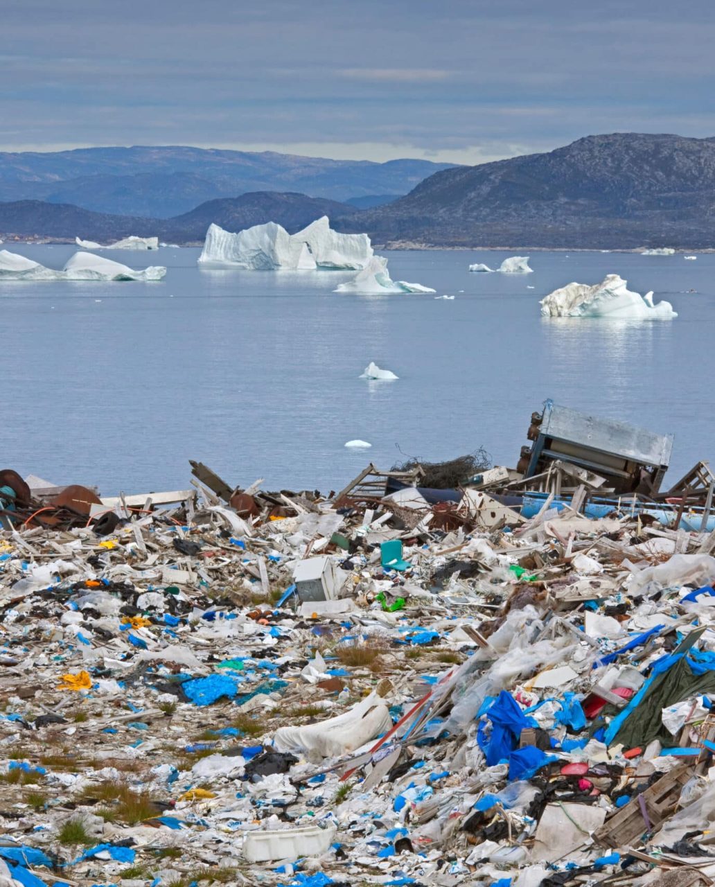 Trash and plastic waste with icebergs